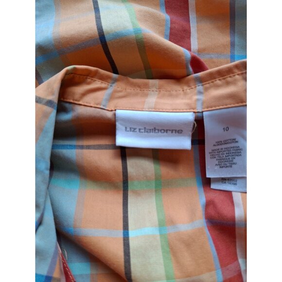 Liz Claiborne Womens Top 10 Orange Plaid Sleveless Collar Preppy Light Academia - Picture 3 of 6